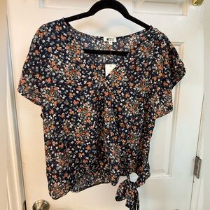 Navy Floral Tie-Hem Women's Top